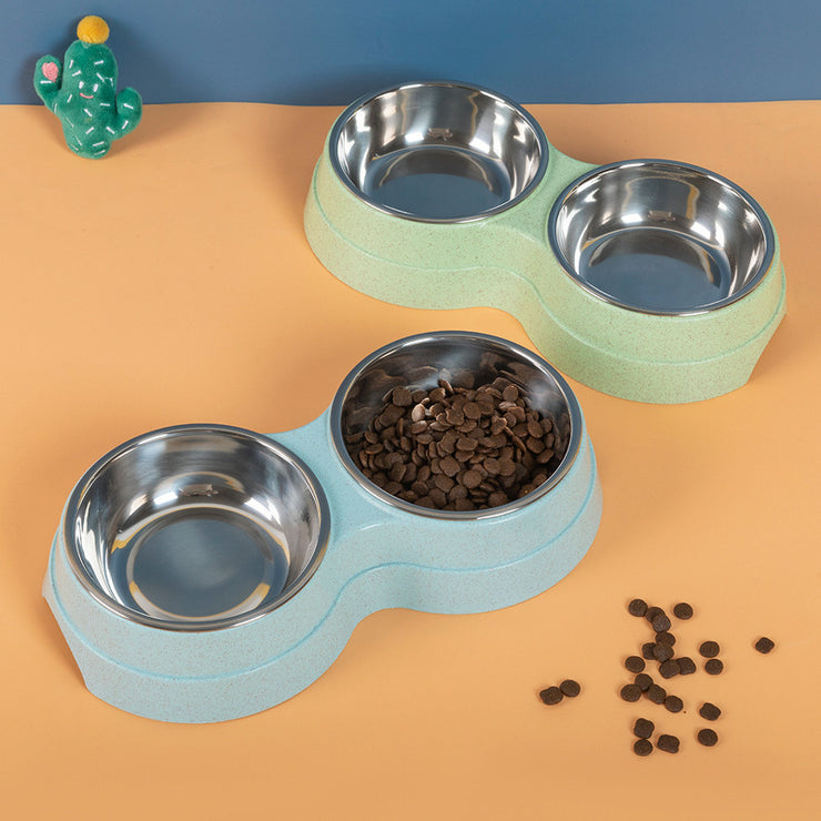 Double Pet Bowls Dog Food Water Feeder Stainless Steel Pet