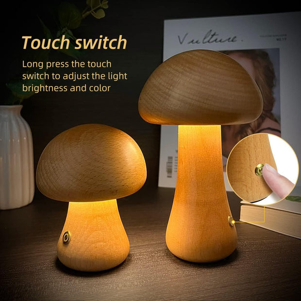 INS Wooden Cute Mushroom LED Night Light With Touch Switch